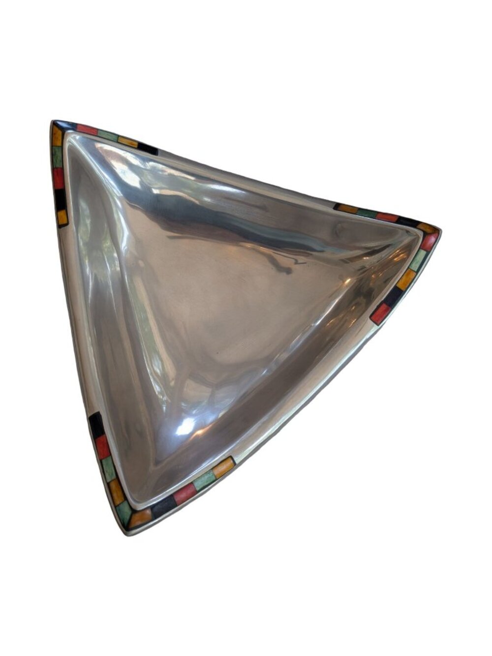 Vintage Mikasa Carnival Triangular Aluminum Centerpiece Bowl Colorful Mosaic